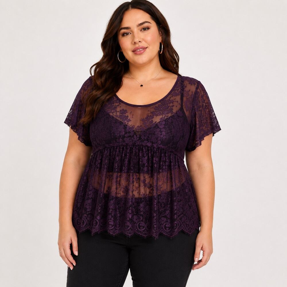 Torrid Purple Floral Lace Babydoll Top Size 0 12 L Sheer Romantic Gothic